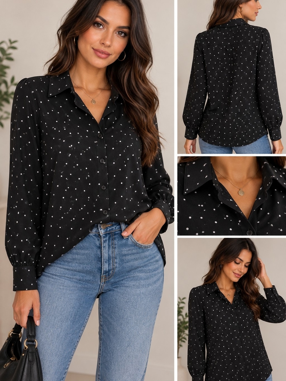 Women’s Black Polka Dot Button-Up Blouse